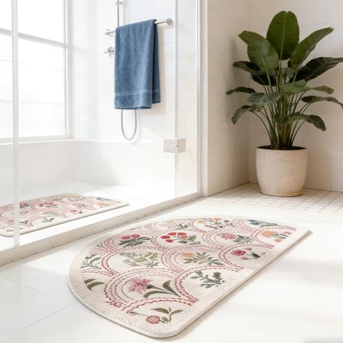 Spring Floral Bathroom Rug 32" x 20" - Soft Boho Bath Mat (Semicircular, Red)