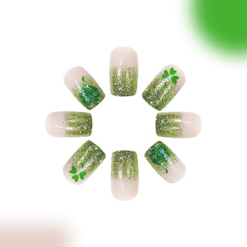 St. Patrick's Day Press on Nails Medium Square Green French Tip False Nails