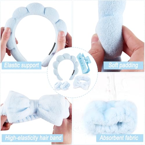 Zkptops 5Pcs Bubble Spa Headband and Wristband Set for Washing Face Blue