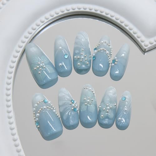 Blue Floral Press on Nails Medium Almond Fake Nails with Rhinestone