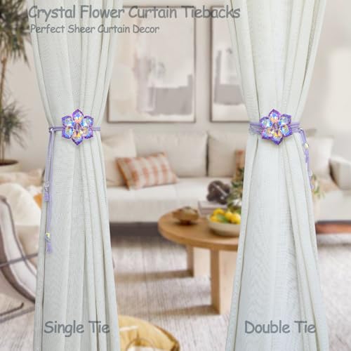 Magnetic Crystal Flower Curtain Tiebacks - Purple Adjustable 2-Pack