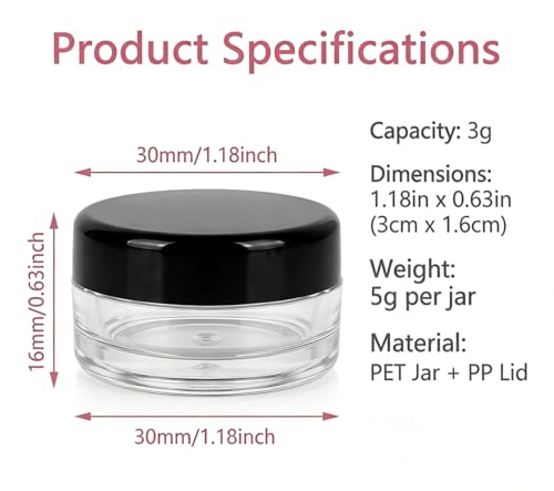 UPSTORE 25 Pack 3g Travel Containers with Black Lids, BPA Free Plastic Sample Jars