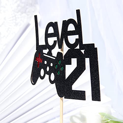 Level Up 21st Birthday Cake Topper - Black Glitter Decoration