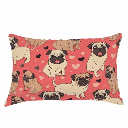 Funny Cartoon Pug Throw Pillow Cover - 12x20 Inches Cotton Linen