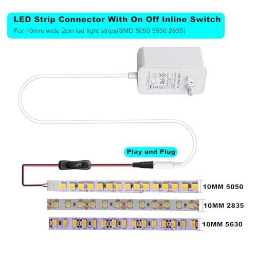 2 Pin LED Strip Connector with Inline Switch - 3 Pack for 10mm Lights