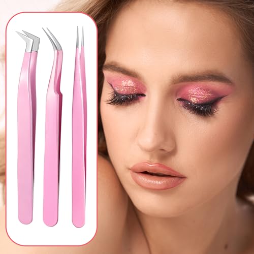 Xelsluthe 3-Piece Stainless Steel Eyelash Extension Tweezers Set, Straight and Curved Precision Lash Tools for Volume Lashes and Nail Art