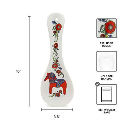 Red Ceramic Spoon Rest - Scandinavian Dala Horse Design, 10 Inch Kitchen Utensil Holder
