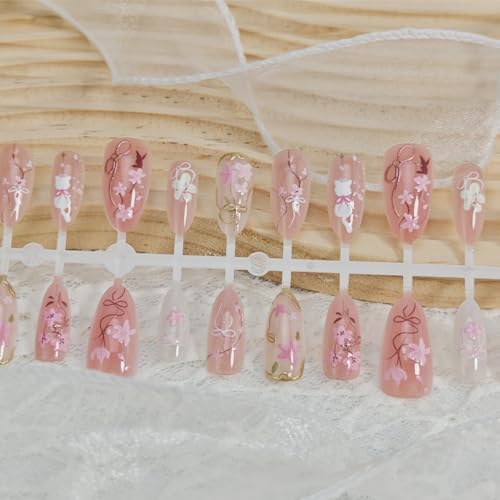 Pink Almond Press on Nails with Cherry Blossom and Bow Design