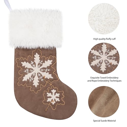 Christmas Stockings Set of 2 - Suede with Faux Fur Cuffs & Rope Embroidery, 20 Inch Large Holiday Decor