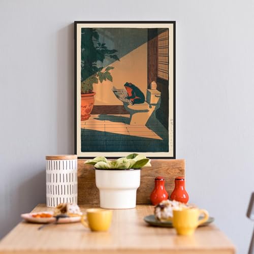Funny Frog Reading Newspaper Canvas Poster Retro Bathroom Wall Art 8x12in