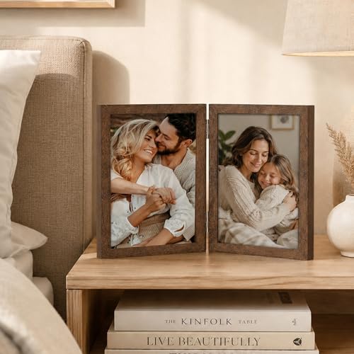 AEVETE 5x7 Double Hinged Wood Folding Picture Frame - Brown