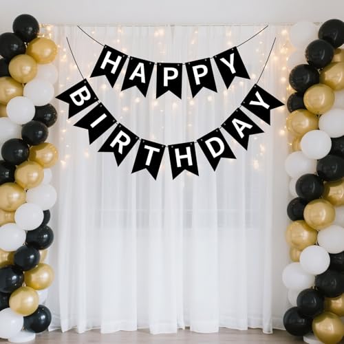 Black Happy Birthday Banner Sign with Personalized Name - Party Decorations