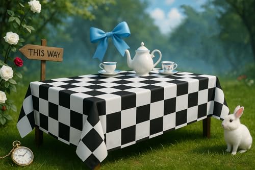 BRALEO Black and White Checkered Tablecloth, 55" x 98" PVC Party Table Cover