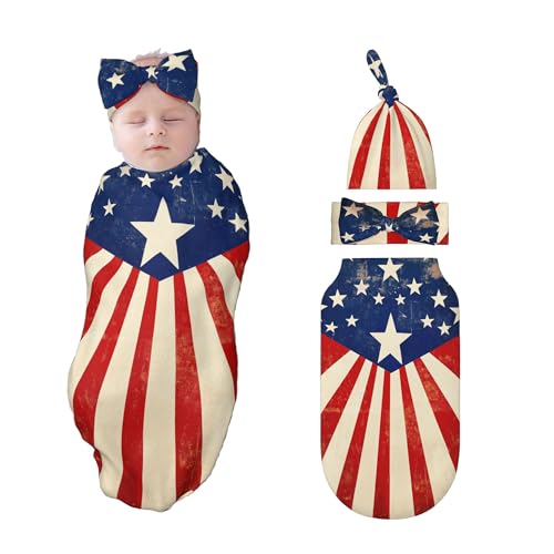 American Flag Baby Swaddle Blanket Set with Beanie & Headband