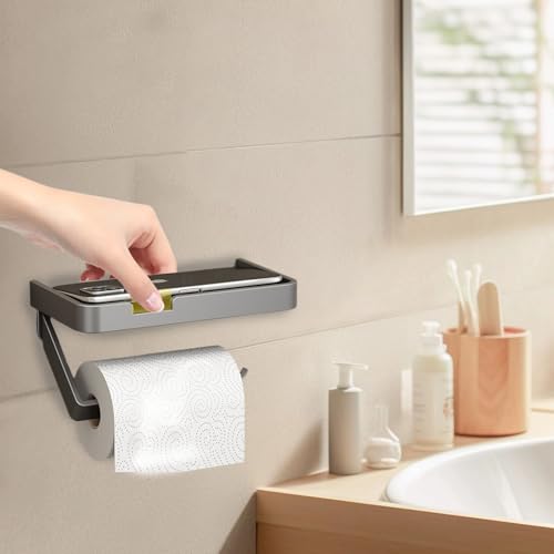 LERAO Adhesive Toilet Paper Holder with Phone Shelf - Matte Black Aluminum
