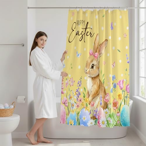 Mocsicka Easter Bunny & Egg Shower Curtain Yellow 71x71in Waterproof Bathroom Decor