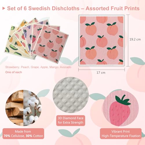 Super Absorbent Swedish Dishcloths 6-Pack - Biodegradable Kitchen Towels with Fruit Prints