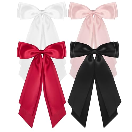 Tweruna Satin Hair Bows for Women, 4-Color Ribbon Hair Clips with Long Tails