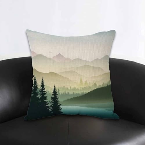 AOYEGO Mountain Forest Lake Landscape Throw Pillow Cover 18x18 Inch Cotton Linen Decor