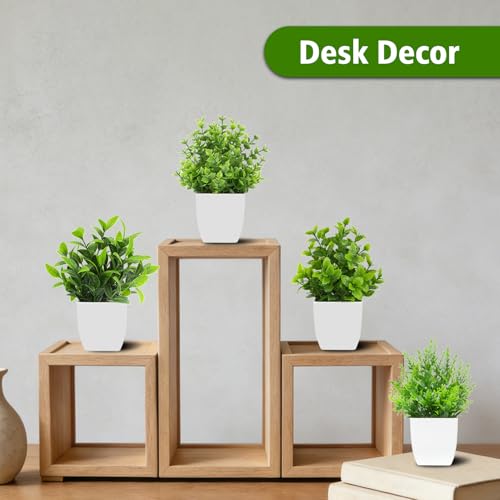 Mini Artificial Plants - Set of 4 Potted Faux Greenery for Home & Office Decor