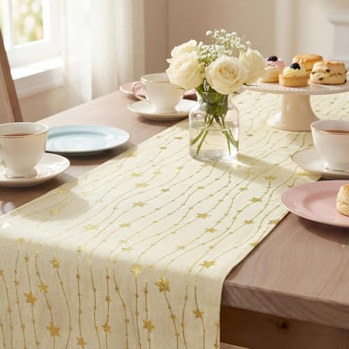 Beige Burlap Table Runner 12x108 Inch with Gold Stars & Glitter Finish