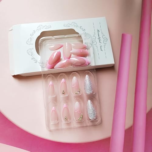 Pink French Tip Almond Press on Nails with 3D Rhinestone Glitter