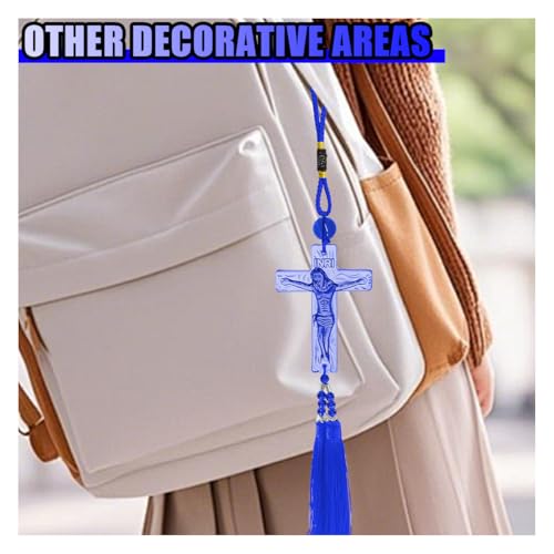 Crystal Jesus Cross Rearview Mirror Charm with Tassel - Blue