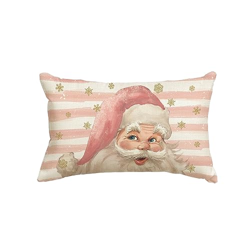 Pink Santa Claus Stripes Throw Pillow Cover 12x20 Inch - Christmas Cushion Case