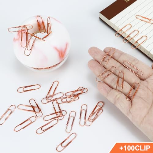 MultiBey Marble Pink Paper Clip Holder with 100 Rose Gold Clips