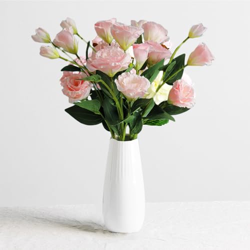 Valemoon White Ceramic Vase - 7.5 Inch Modern Striped Flower Holder for Pampas, Tulips, Calla Lilies, Minimalist Home Decor
