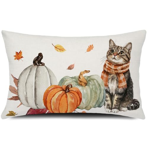 Fall Lumbar Pillow Cover 12x20 Cat and Pumpkin Autumn Farmhouse Decor
