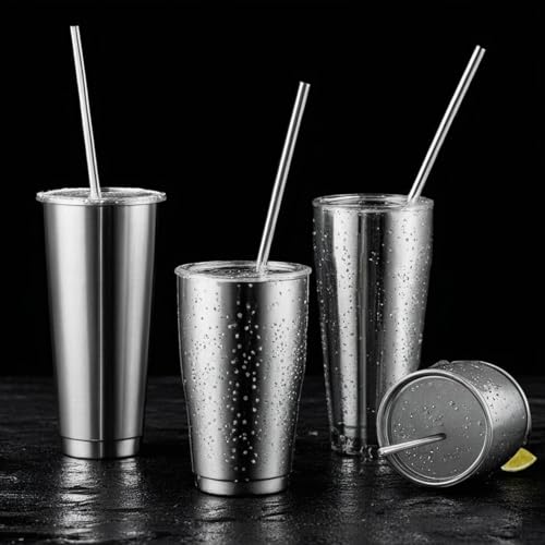 Reusable Stainless Steel Straws Set - 16 Pack, 8 Straight & 8 Bent, 8.5 Inch