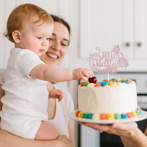 Rose Gold Glitter Little Wildflower Cake Topper for Birthdays