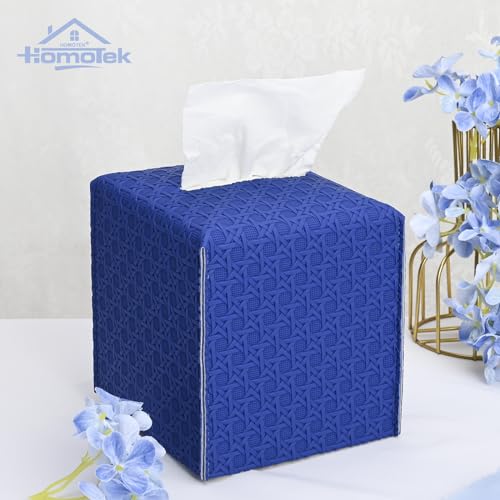 HOMOTEK Rattan Weave Blue Square PU Leather Tissue Box Cover 5x5x5 Inches