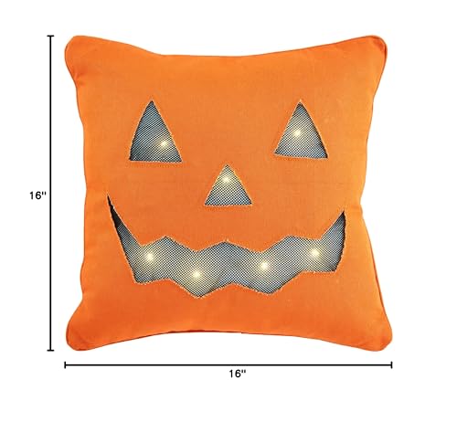 Mud Pie Light Up Halloween Throw Pillow, Pumpkin, 16" x 16"