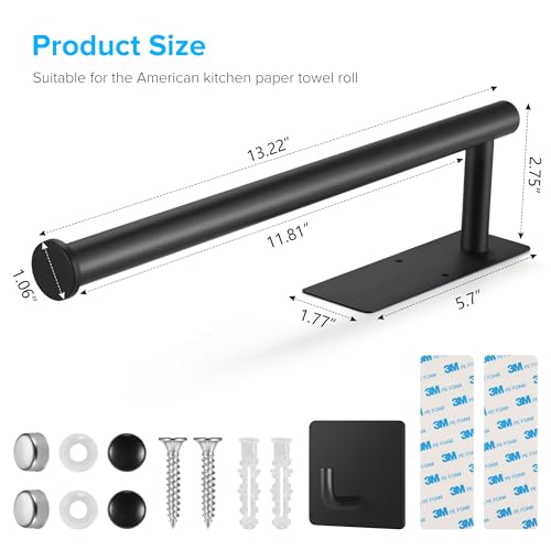 Black Paper Towel Holder Under Cabinet, Self-Adhesive or Drilling
