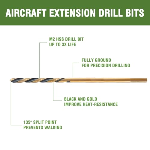 1/8 x 8 Inch Extra Long Drill Bits (3 Pack), Aircraft Drill Bit Black and Gold M2 HSS for Wood, Plastic, Thin Metal Sheet