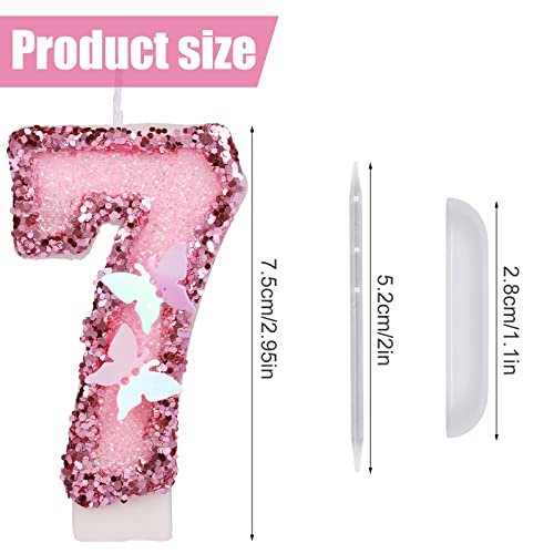 Pink Glitter Number 7 Birthday Candle with Butterfly and Sequins Cake Topper