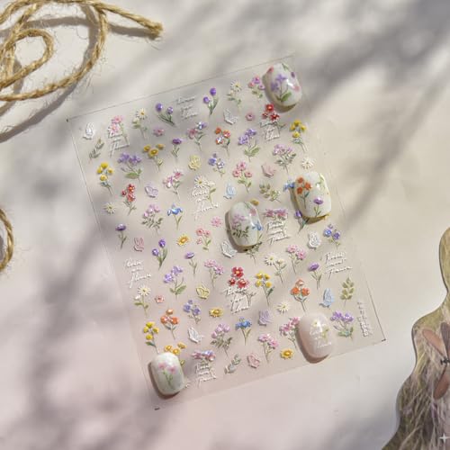 Qdsuh 5D Embossed Floral Nail Stickers - Summer Wildflower Daisy Decals