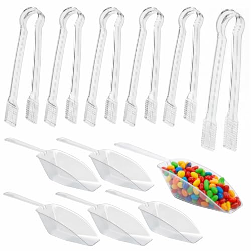 12-Pack Clear Serving Tongs and Plastic Scoops for Candy Buffets