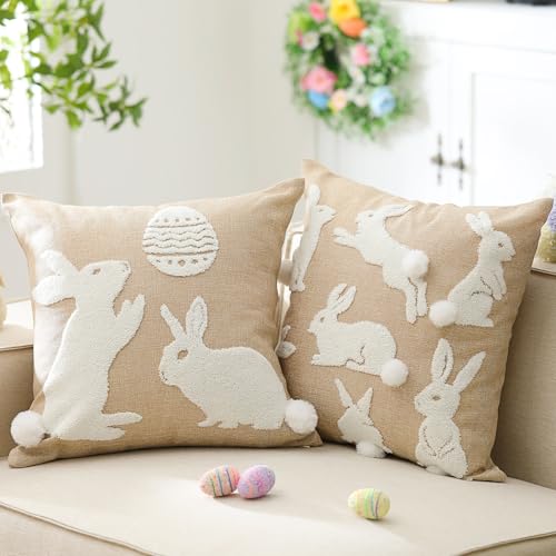 Easter Bunny Linen Throw Pillow Covers 18x18 Inch - Set of 2