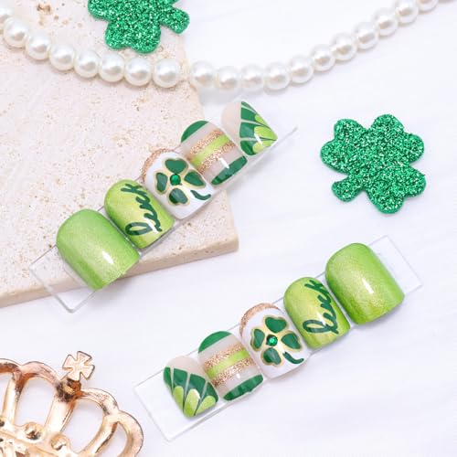 St. Patrick's Day Short Square Press On Nails with Rhinestones & Shamrocks