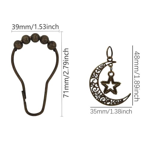 Celestial Moon and Stars Shower Curtain Hooks - 12 Pcs Bronze Set