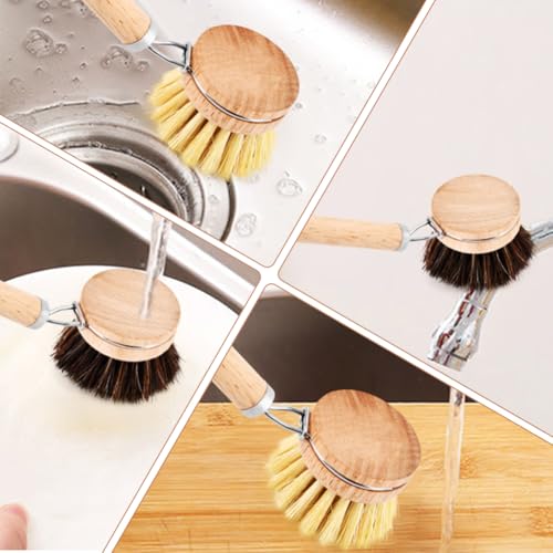 LORGVEXN Wooden Dish Brush with 3 Replaceable Natural Bristle Heads – Eco-Friendly Kitchen Tool