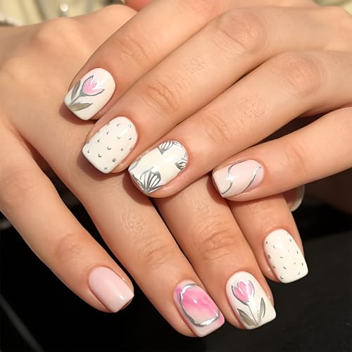 Short Square Floral Press on Nails with Silver Polka Dots (24 Pcs)