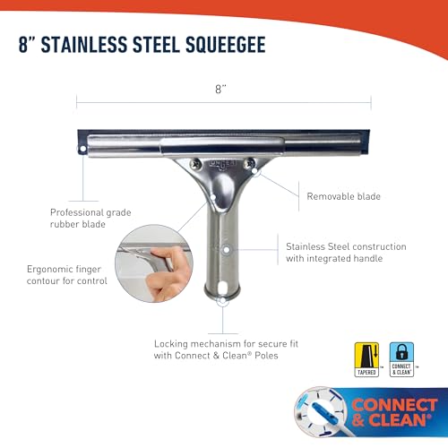 Unger Professional 8” Stainless Steel Window Squeegee - Streak-Free Cleaning Tool