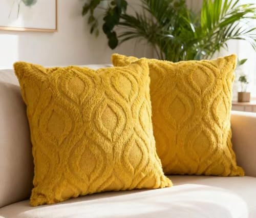 Pack of 2 Mustard Yellow Faux Fur Throw Pillow Covers 18x18
