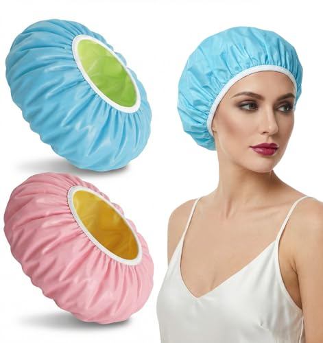 Waterproof Reusable Shower Caps for Women - 2 Pack Large Elastic Hair Cap