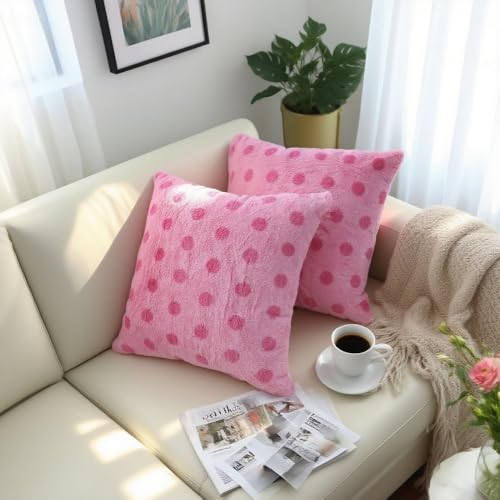 Polka Dot Plush Throw Pillow Covers - Deep Pink, 18"x18" (Set of 2)