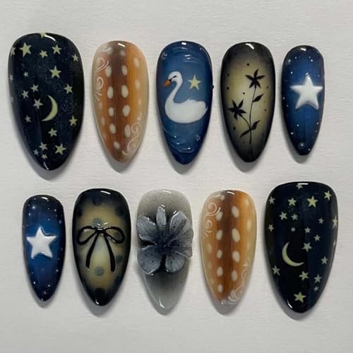 Medium Almond Press on Nails Star Moon Bow Glossy Acrylic Fake Nails